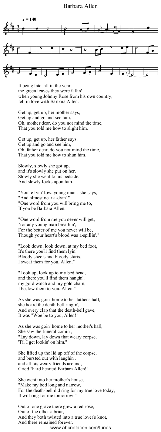 Barbara Allen - staff notation