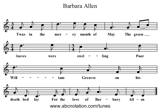 Barbara Allen - staff notation