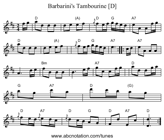 Barbarini's Tambourine [D] - staff notation
