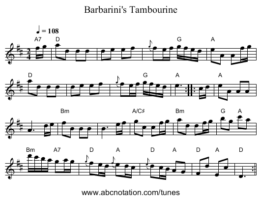 Barbarini's Tambourine - staff notation