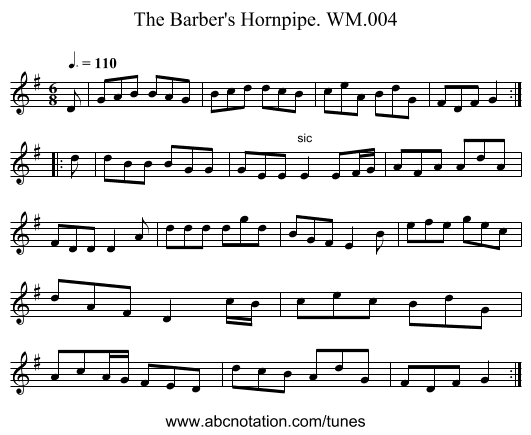 Barber's Hornpipe. WM.004, The - staff notation