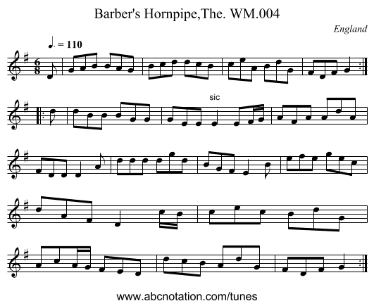 Barber's Hornpipe,The. WM.004 - staff notation