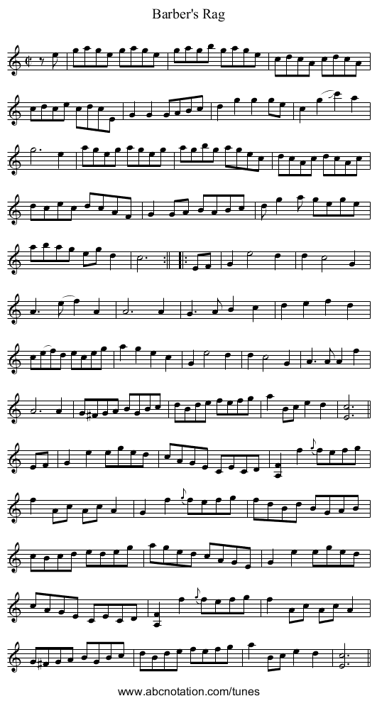 Barber's Rag - staff notation