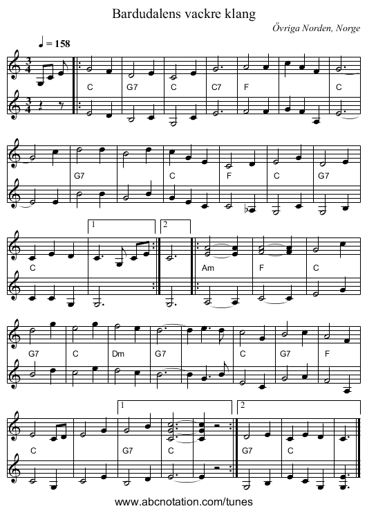 Bardudalens vackre klang - staff notation