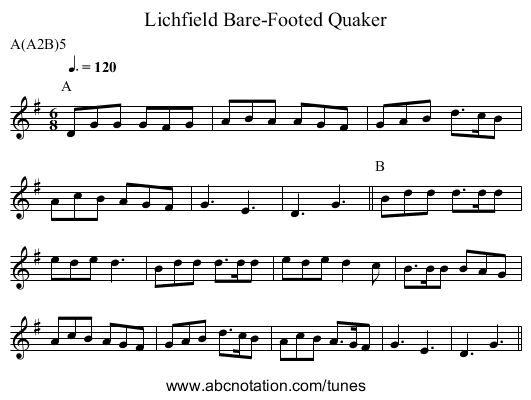 Bare-Footed Quaker, Lichfield - staff notation