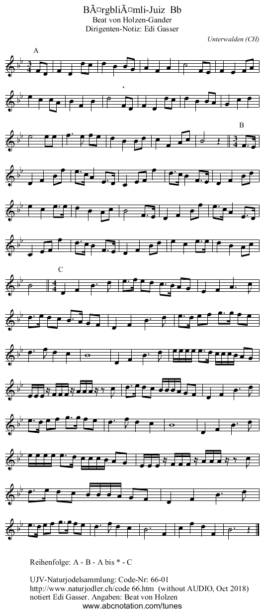 Bärgbliämli-Juiz Bb - staff notation