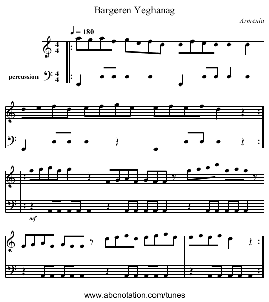 Bargeren Yeghanag - staff notation