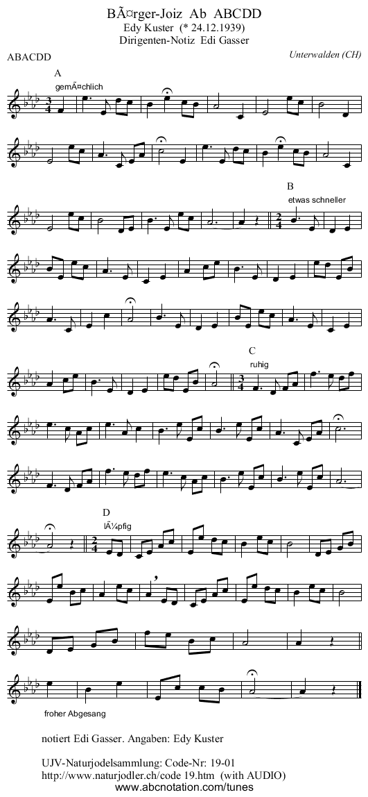 Bärger-Joiz Ab ABCDD - staff notation