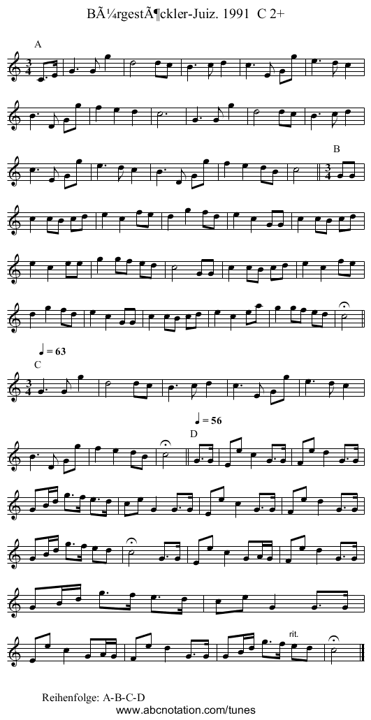 BÃ¼rgestÃ¶ckler-Juiz. 1991  C 2+ - staff notation