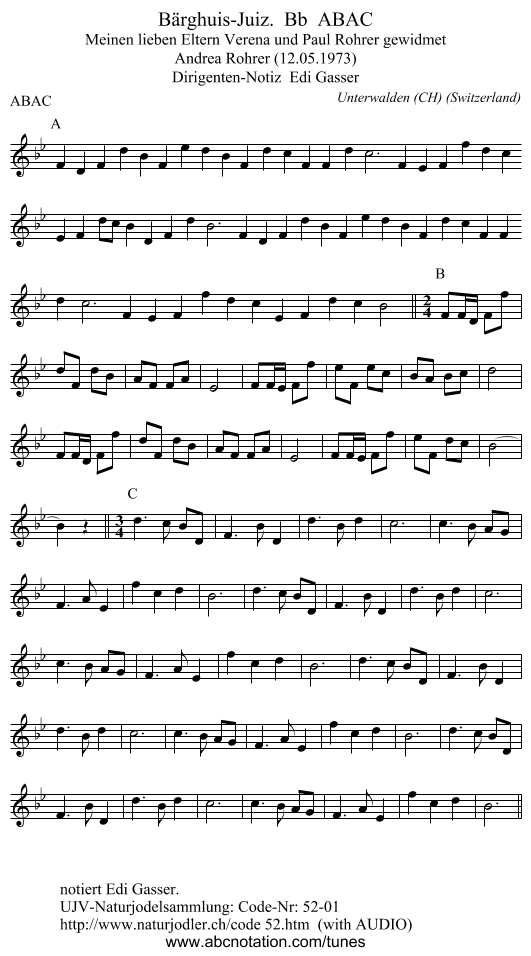 Bärghuis-Juiz.  Bb  ABAC - staff notation