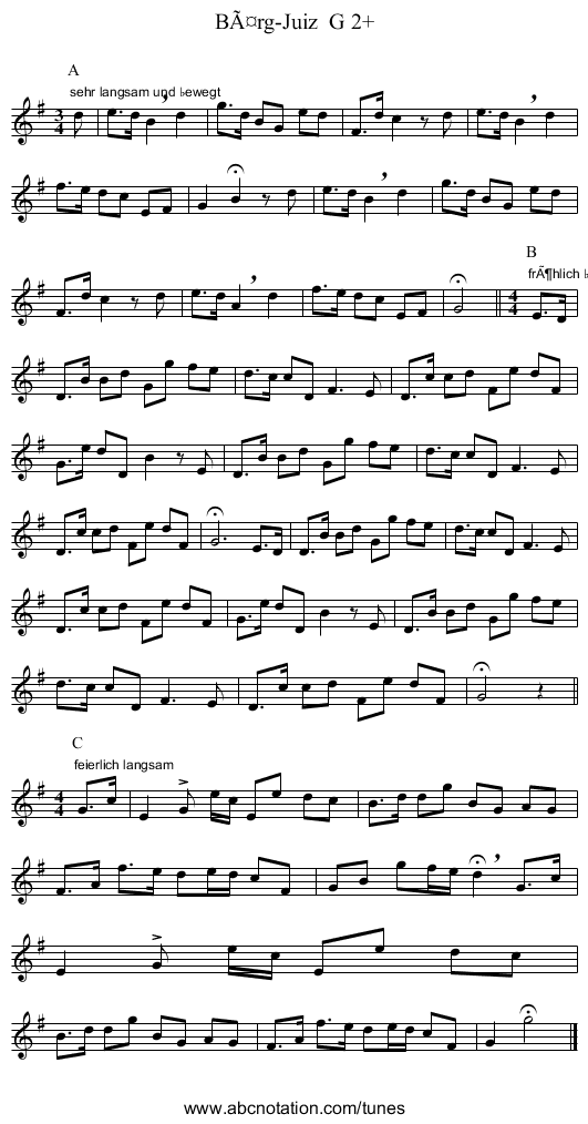 Bärg-Juiz G 2+ - staff notation