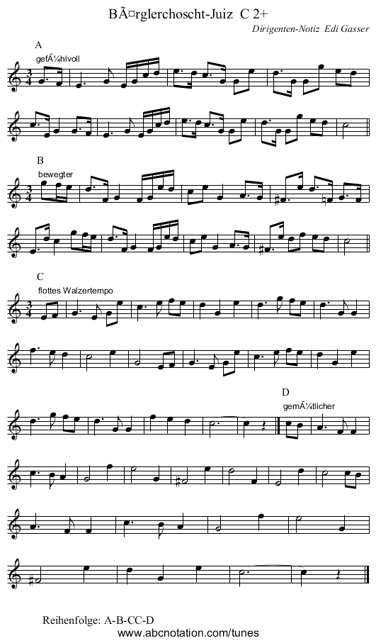 Bärglerchoscht-Juiz C 2+ - staff notation