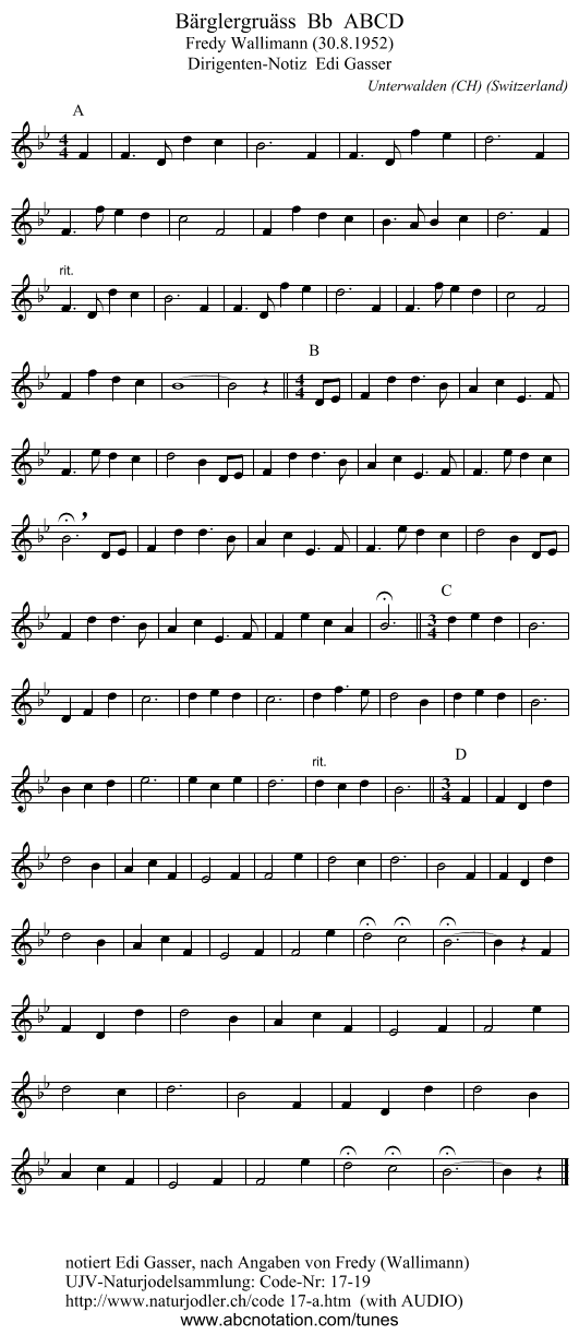 Bärglergruäss Bb ABCD - staff notation