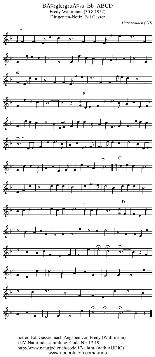 Bärglergruäss Bb ABCD - staff notation
