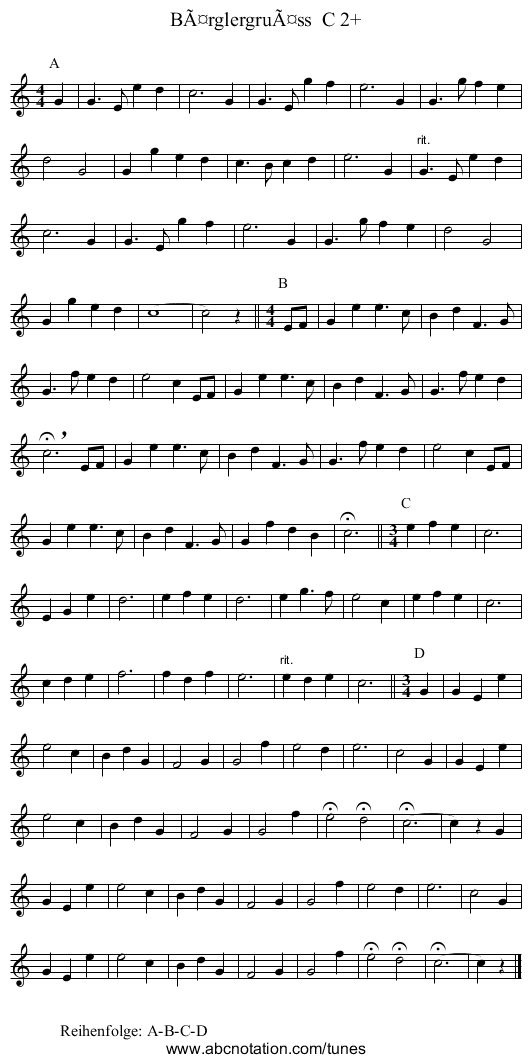 BÃ¤rglergruÃ¤ss  C 2+ - staff notation