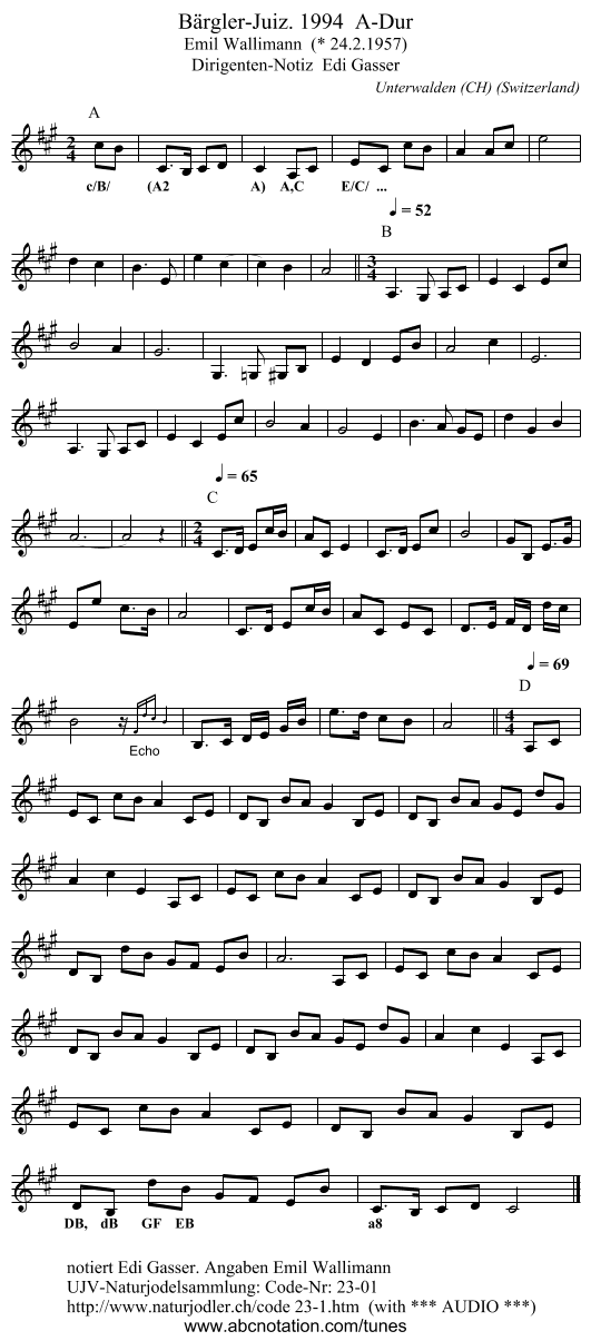 Bärgler-Juiz. 1994 A-Dur - staff notation