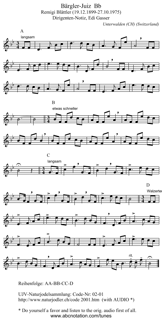 Bärgler-Juiz Bb - staff notation