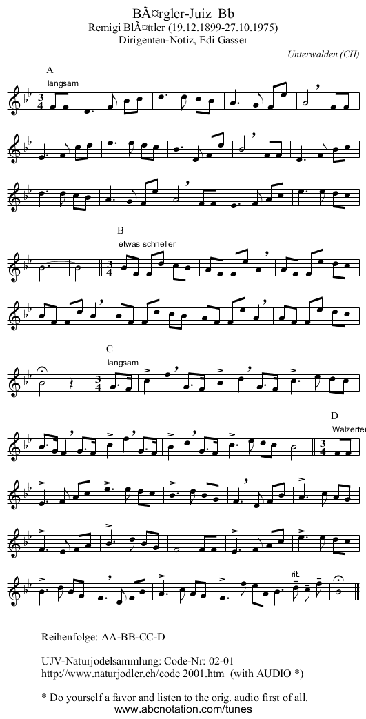 BÃ¤rgler-Juiz  Bb - staff notation