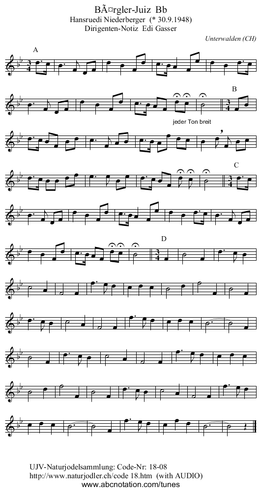 Bärgler-Juiz Bb - staff notation