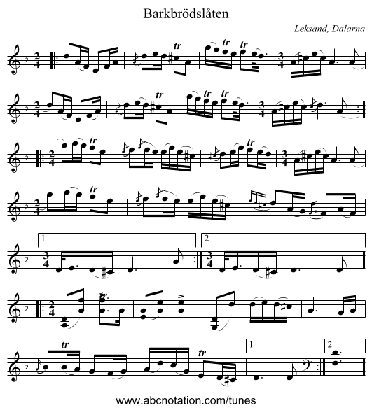 Barkbrödslåten - staff notation