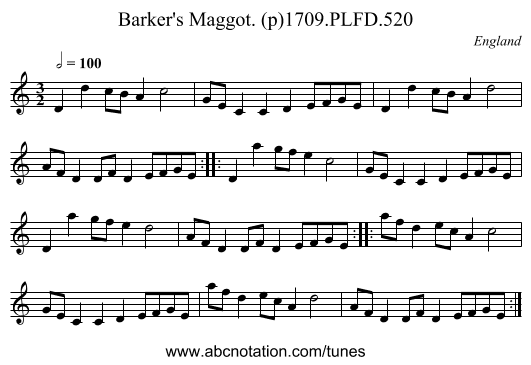 Barker's Maggot. (p)1709.PLFD.520 - staff notation