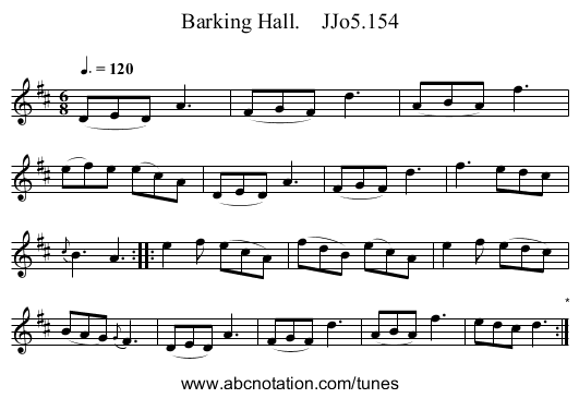 Barking Hall.    JJo5.154 - staff notation