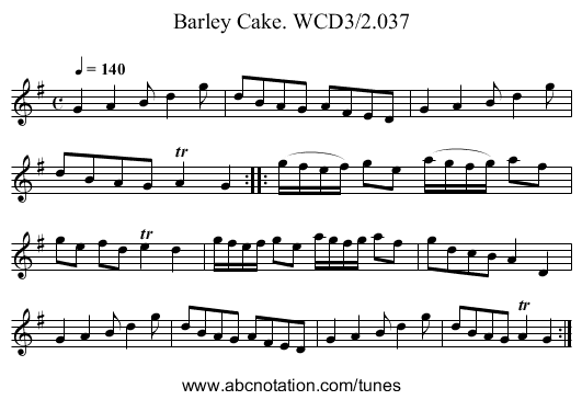 Barley Cake. WCD3/2.037 - staff notation