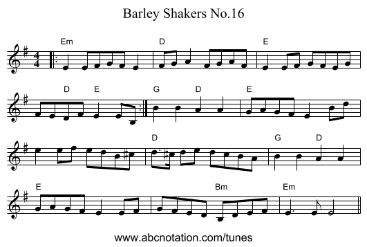 Barley Shakers No.16 - staff notation