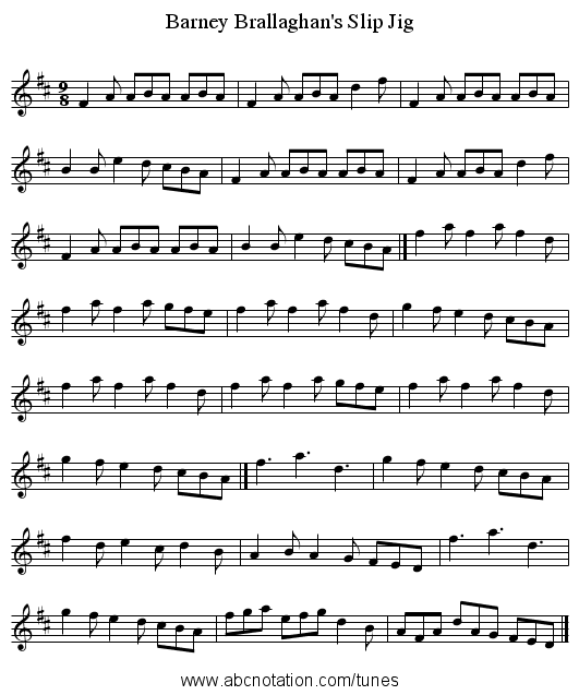 Barney Brallaghan's Slip Jig - staff notation