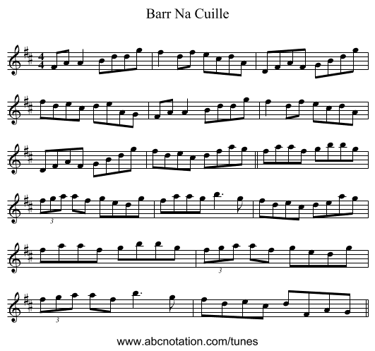 Barr Na Cuille - staff notation