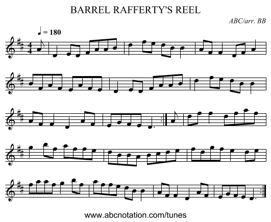 BARREL RAFFERTY'S REEL - staff notation