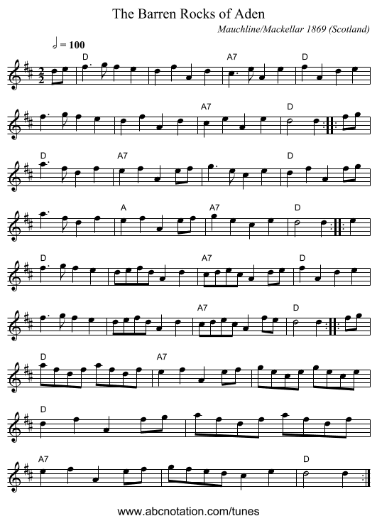Barren Rocks of Aden, The - staff notation