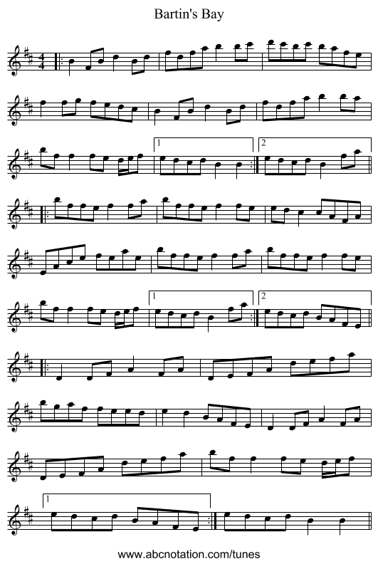 Bartin's Bay - staff notation