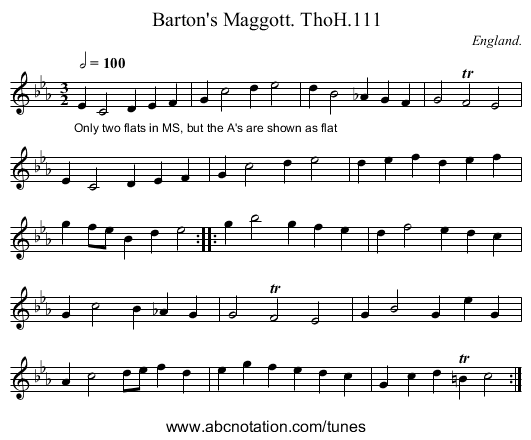 Barton's Maggott. ThoH.111 - staff notation