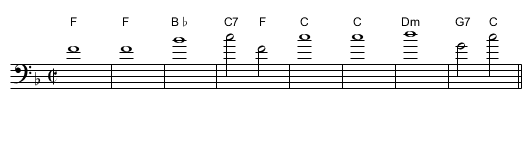 Bass line from chords for Le Pistolet - staff notation