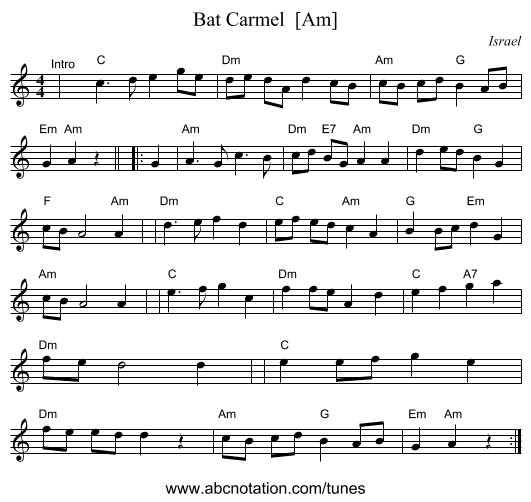 Bat Carmel  [Am] - staff notation