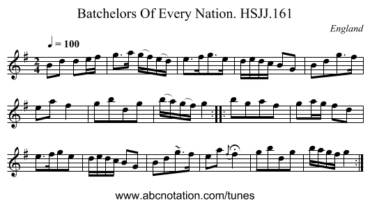 Batchelors Of Every Nation. HSJJ.161 - staff notation