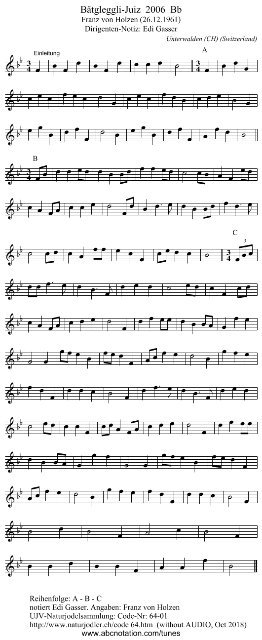 Bätgleggli-Juiz  2006  Bb - staff notation