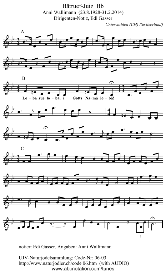 Bätruef-Juiz  Bb - staff notation