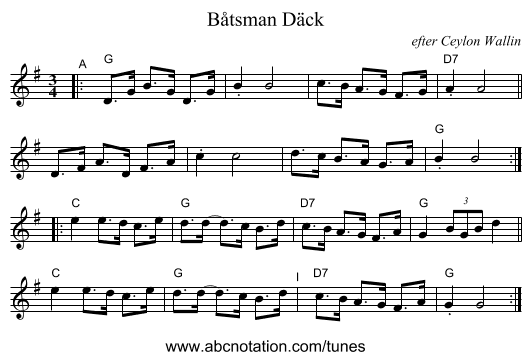 B&aring;tsman D&auml;ck - staff notation