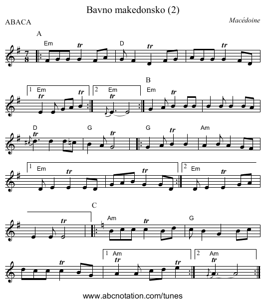 Bavno makedonsko (2) - staff notation