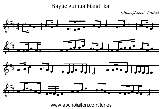 Bayue guihua biandi kai - staff notation