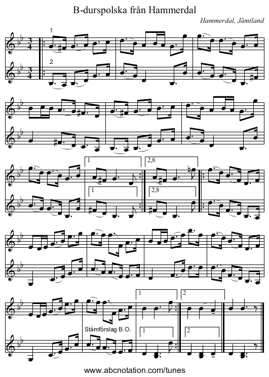 B-durspolska från Hammerdal - staff notation