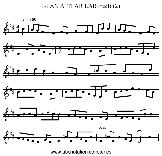 BEAN A' TI AR LAR (reel) (2) - staff notation