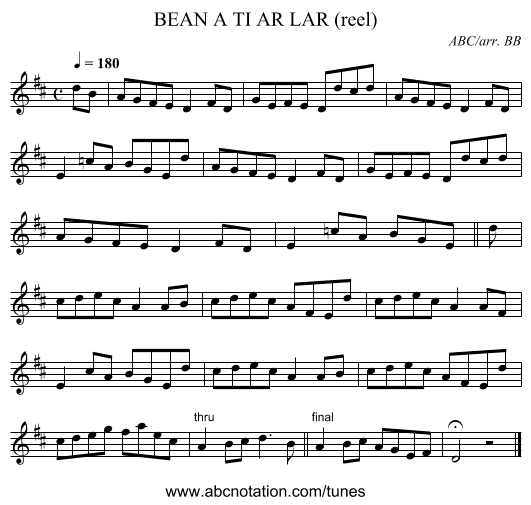BEAN A TI AR LAR (reel) - staff notation