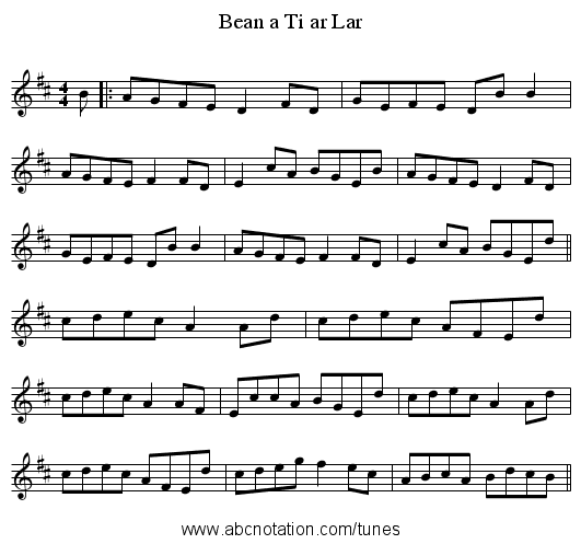 Bean a Ti ar Lar - staff notation
