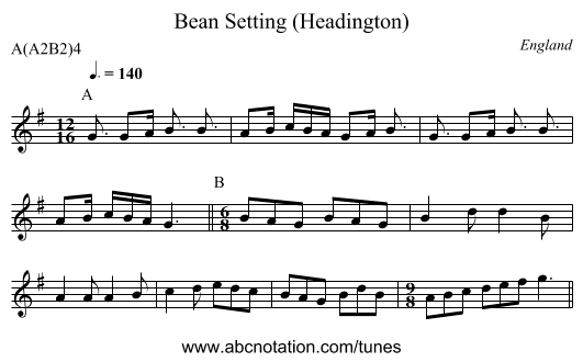 Bean Setting (Headington) - staff notation