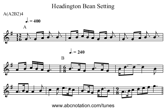 Bean Setting, Headington - staff notation