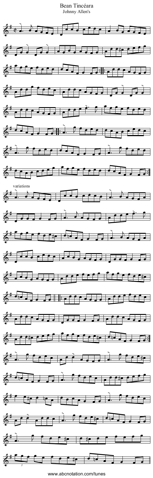 Bean Tinc&eacute;ara - staff notation