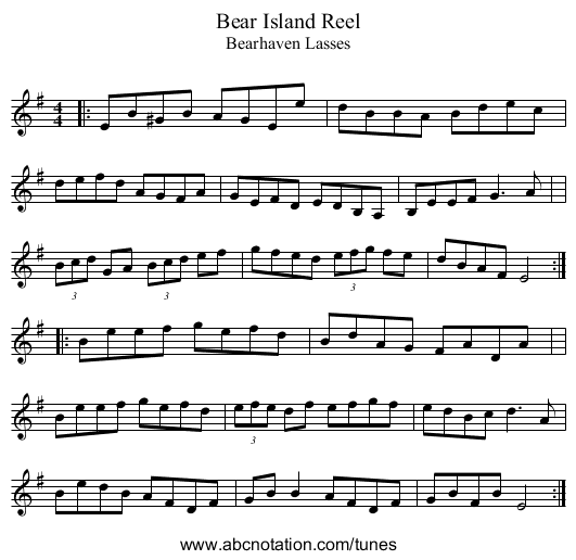 Bear Island Reel - staff notation